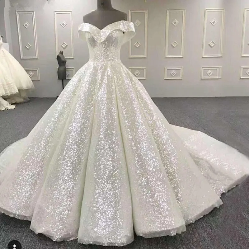 Vestido De Novia Simple De lentejuelas, vestidos De baile, tren con pincel, hombros descubiertos, princesa con cordones, vestidos De Novia hechos a medida