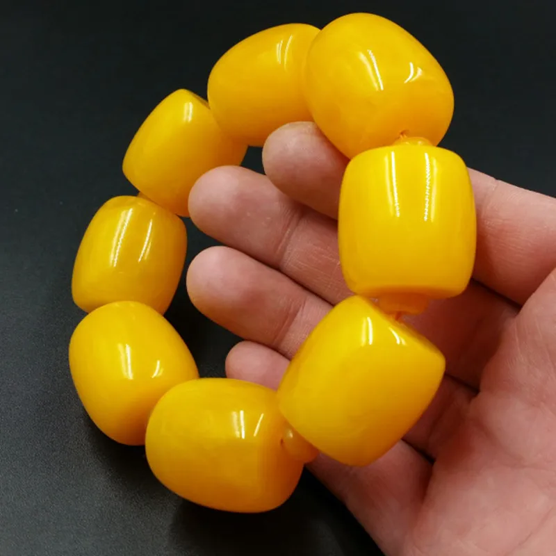 20mm Amber Yellow Beeswax Old Honey Wax Amber Bracelet Round Barrel Bead Hand Row for Men Hand Bangle Suitable for 15-25cm Free