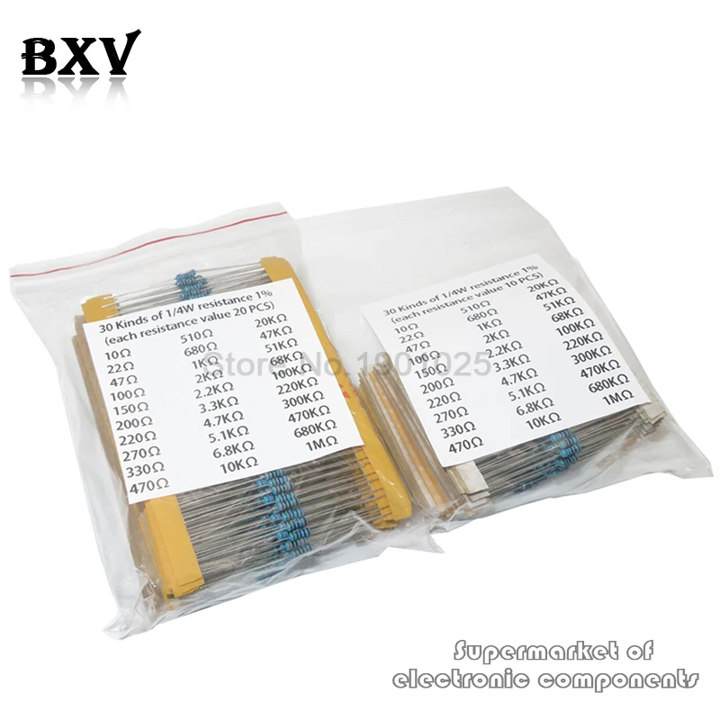 600 unids/set 30 tipos 1/4W resistencia 1% paquete de resistencias de película metálica Kit surtido 1K 10K 100K 220ohm 1M resistencias 300 unids/set