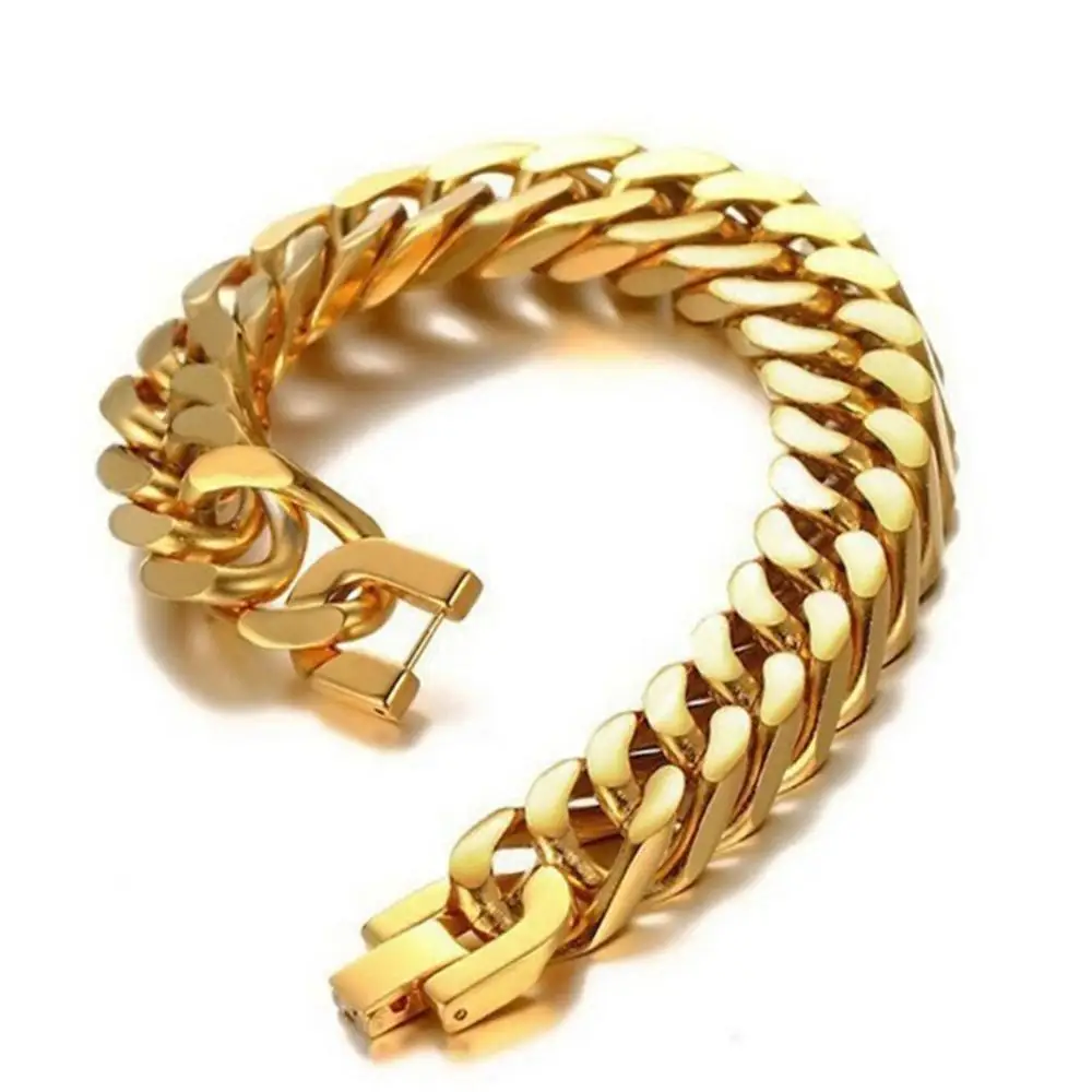 New Arrive 15mm Trendy Stainless Steel Gold Cuban Curb Chain Bracelet Bangle Womens Mens Biker Jewelry 7-11inch Custom Size