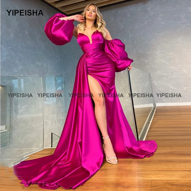 

Yipeisha Sweetheart Neckline Fuchsia Prom Dress with Puff Sleeves Side Slit Mermaid Evening Gown Long Formal Party Dress