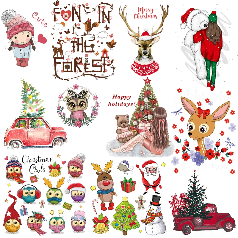 New Iron On Christmas Patch for Child Clothing T-shirt Diy Owl Deer Girls Thermal Stickers Heat Transfer Christmas Gift Applique