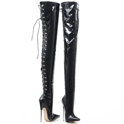 Jialuowei Frauen Stiefel Sexy 18cm High Heels Metall Dünne Fersen Frau spitz Kreuz gebunden Über Knie Oberschenkel Hohe tanzen Party Boot
