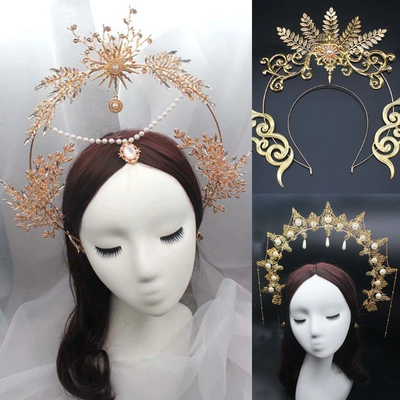 Vintage Lolita Jewelry Accessories Embossed Halo Crown Pearl Beaded Chain Headband Metal Tiara DIY Material Package