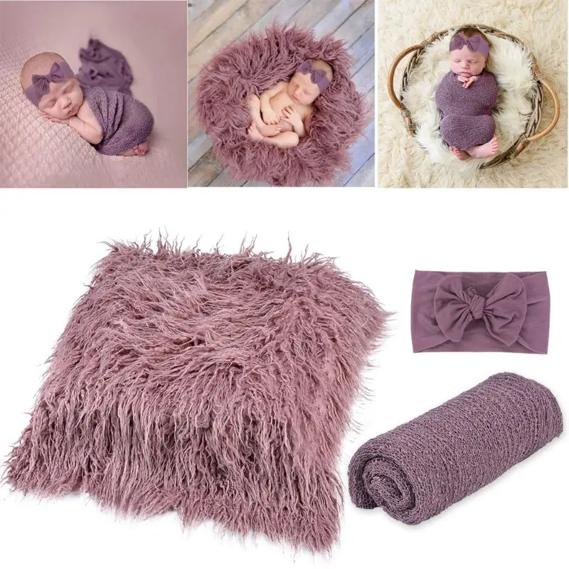 3pcs/set Newborn Baby Photography Props Kits Fake Fur Blanket Mats Cotton Stretch Wrap with Knotted Headband for Infants Toddler