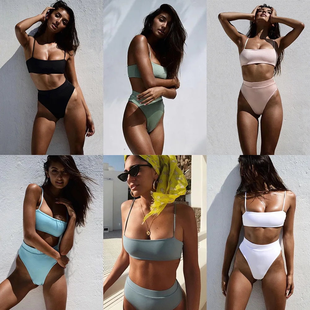 2 Pcs/Set Women\'s Sexy Bikini, Solid Push Up Bikinis, Padded Bra Strap, High Waist Swimsuit, Female Swimwear, Hot Sale 2024