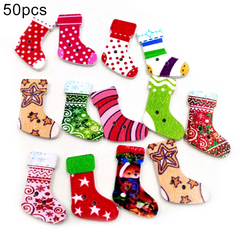 50Pcs Xmas Stocking Shape 2 Holes Mixed Color Wooden Buttons Sewing DIY Craft Christmas socks dropship Wholesale Buttons