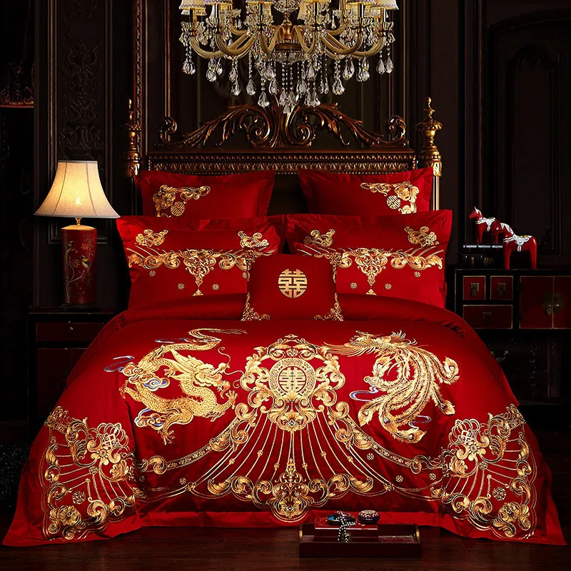 

Luxury Golden Dragon Phoenix Flowers Embroidery Red Chinese Wedding Cotton Bedding Set Duvet Cover Bed Sheet Linen Pillowcase