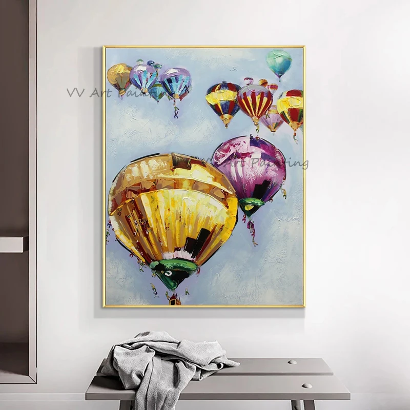 Handmade Knife Thick Hot Air Ballon Oil Painting Wall Canvas Sky Art Picture Modern Canvas Artwork Living Room Decor Frameless