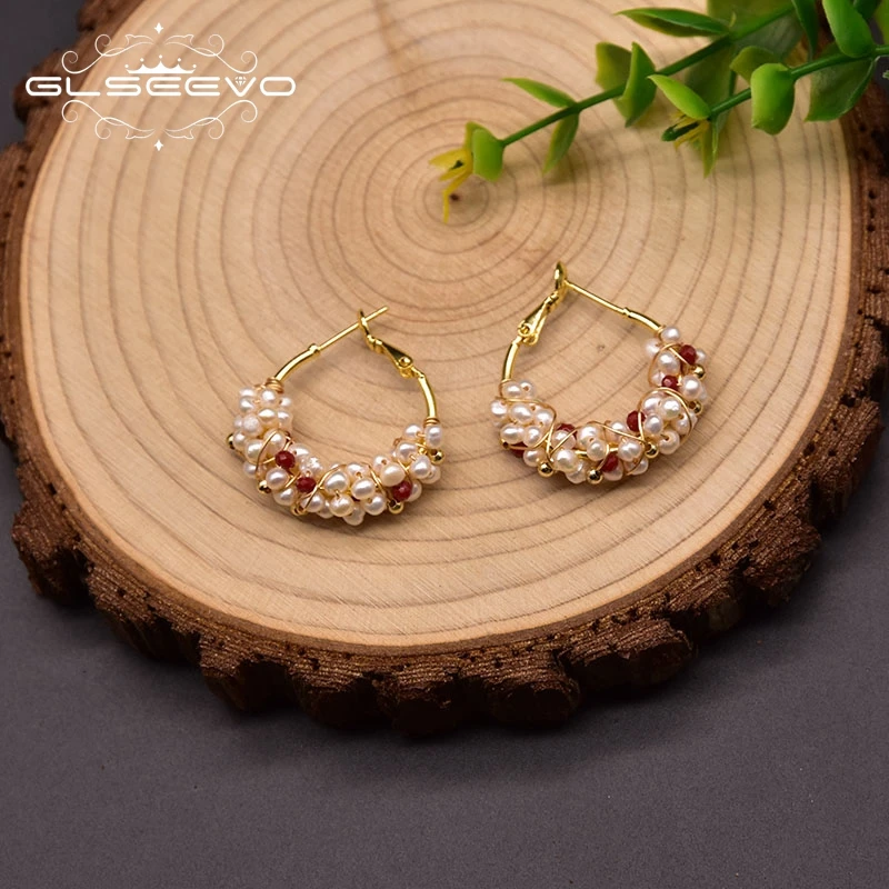 GLSEEVO Natural Freshwater Pearl Hoop Earrings For Woman Wedding Red Glass Personalized Customizable Jewelry Accessories GE1015