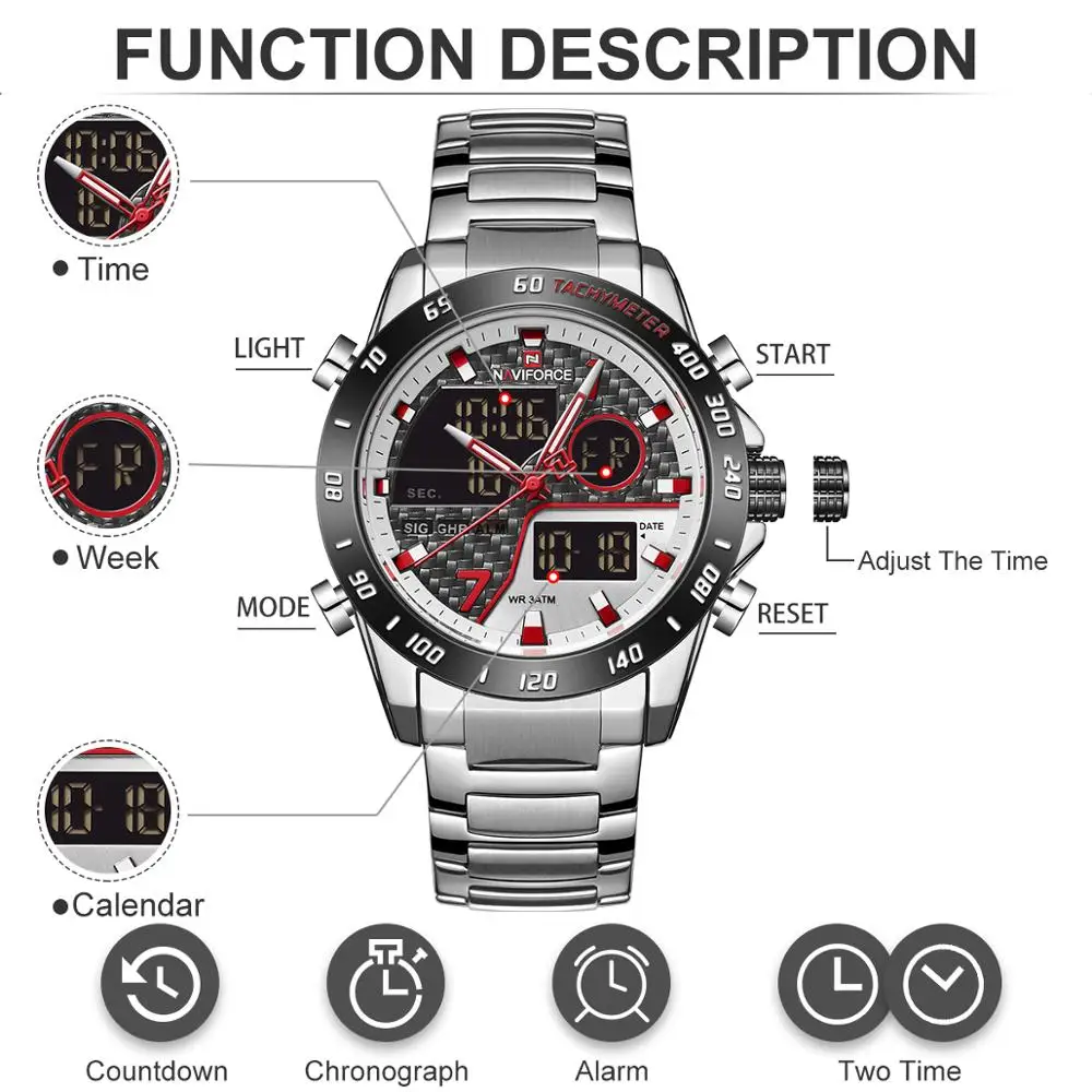 NAVIFORCE-Reloj digital LED para hombre, cuarzo, resistente al agua, luminoso, estilo militar, masculino