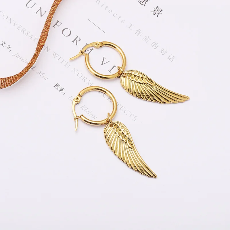 Gold Color Stainless Steel Angel Wings Dangle Earrings for Men Boy Fashion Feathers Punk Cool Male Jewelry