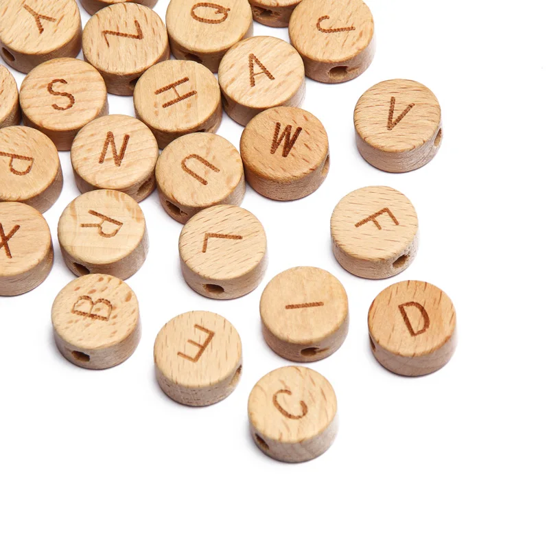 20Pcs/lot 10 15mm Mixed Letter Beech Wood Beads Round Flat Alphabet Loose Spacer Beads For Jewelry Making Handmade Diy Bracelet