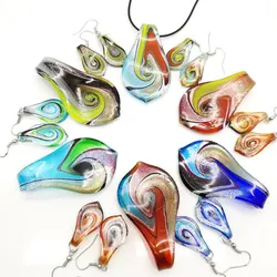 6 Sets Different Color Whirlwind Pattern Ribbons Glass Murano Leaf Pendant Necklace Earrings Chinese Style Colored Glaze Jewely