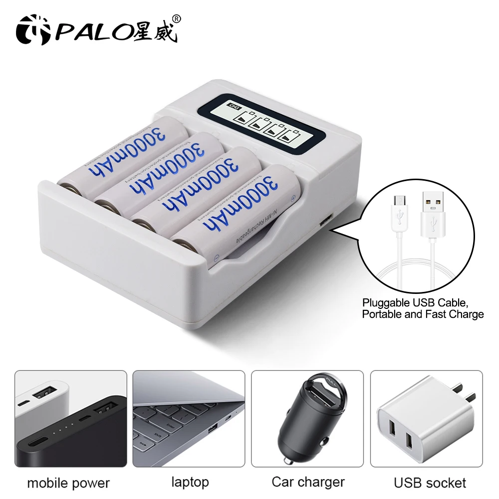 4 Slot Ulrea Fast Smart Intelligent Battery Usb Charger For 1.2V AA AAA NiCd NiMh Rechargeable Battery LCD Display Quick Charger