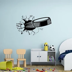 Sports Wall Stickers Ice Hockey Art Decal Living Room Decoration Kids Playing Roon Puck Ripping Bursting Through Wall Mural Y407