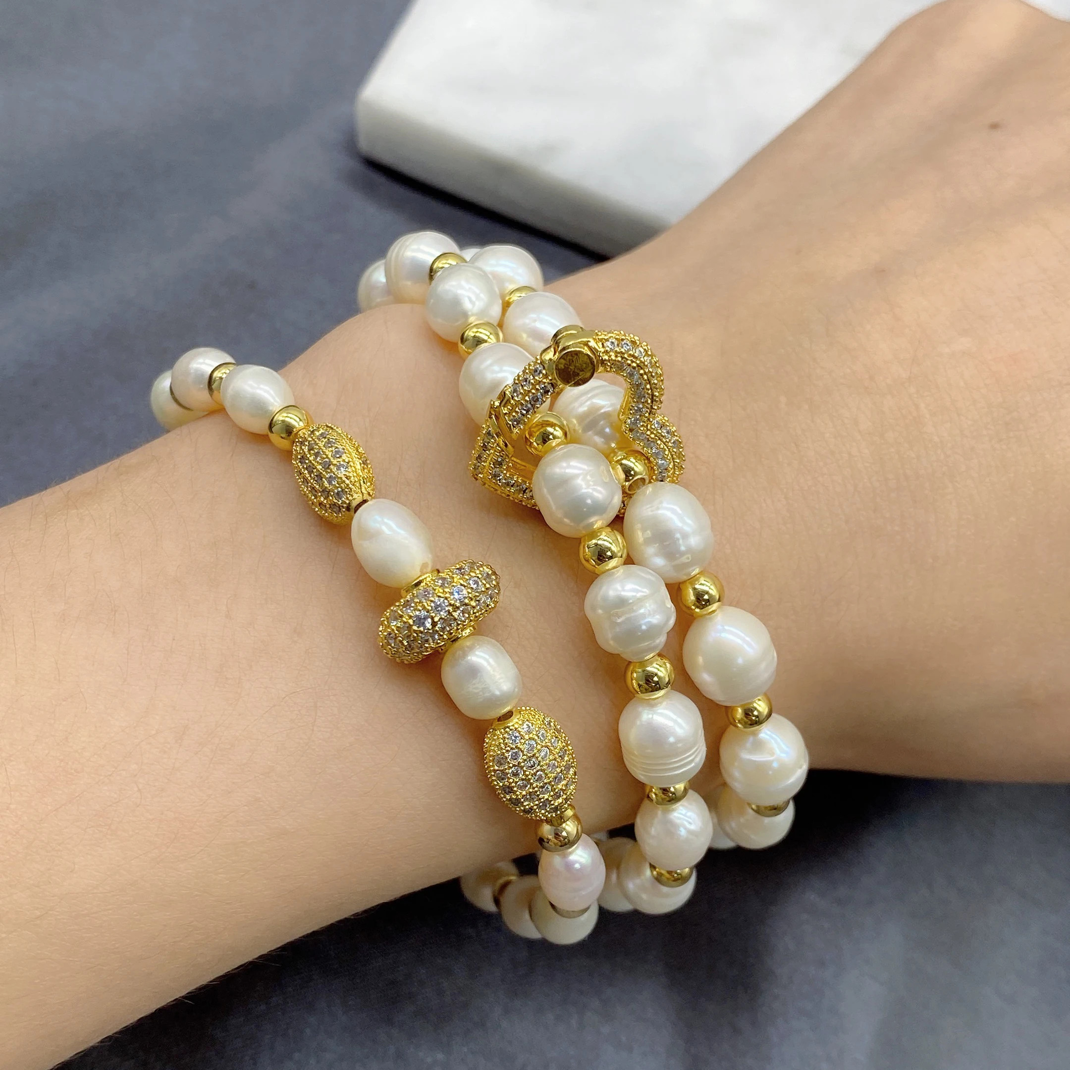 5Pcs/Lot Multiple Pearl Beaded Zircon Heart Bracelets Jewelry