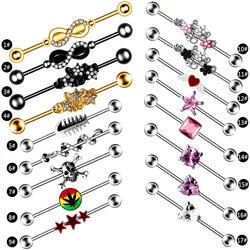 316L Surgical Steel Skull Industrial Barbell Earring Pink Zircon Ear Rings Piercing 14G Helix Piercing Cartilage Body Jewelry