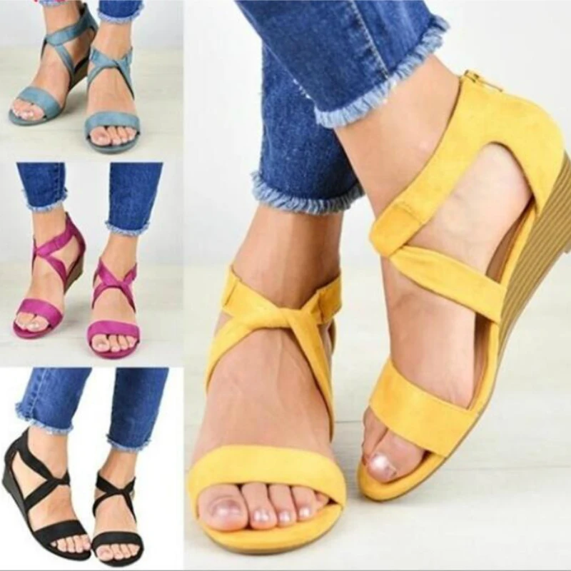 

Женские босоножки на танкетке, повседневные сандалии на платформе, на молнии, большие размеры 35-43, лето 2020