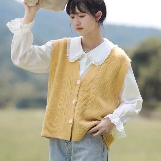 

2021 Autumn Women's Vest Cardigan Japanese Jacket With Knitted Versatile Girls College Students Outdoor Leisure Yellow