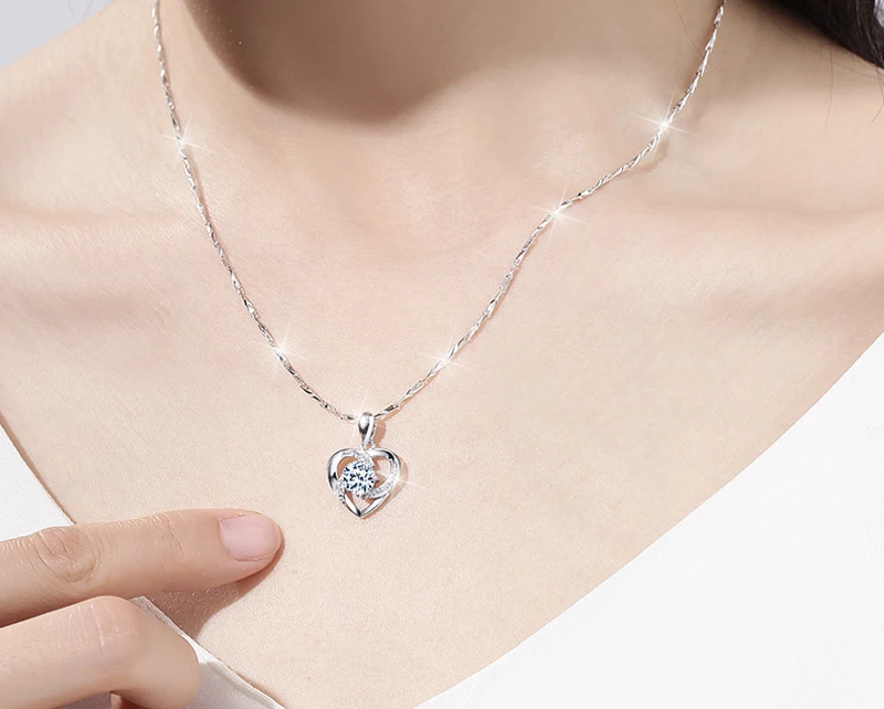 Romantic Heart Zirconia Diamant Pendant Necklace Women Gift Jewelry Silver 925 Necklace, With Box Chain &Velvet Cloth Bag