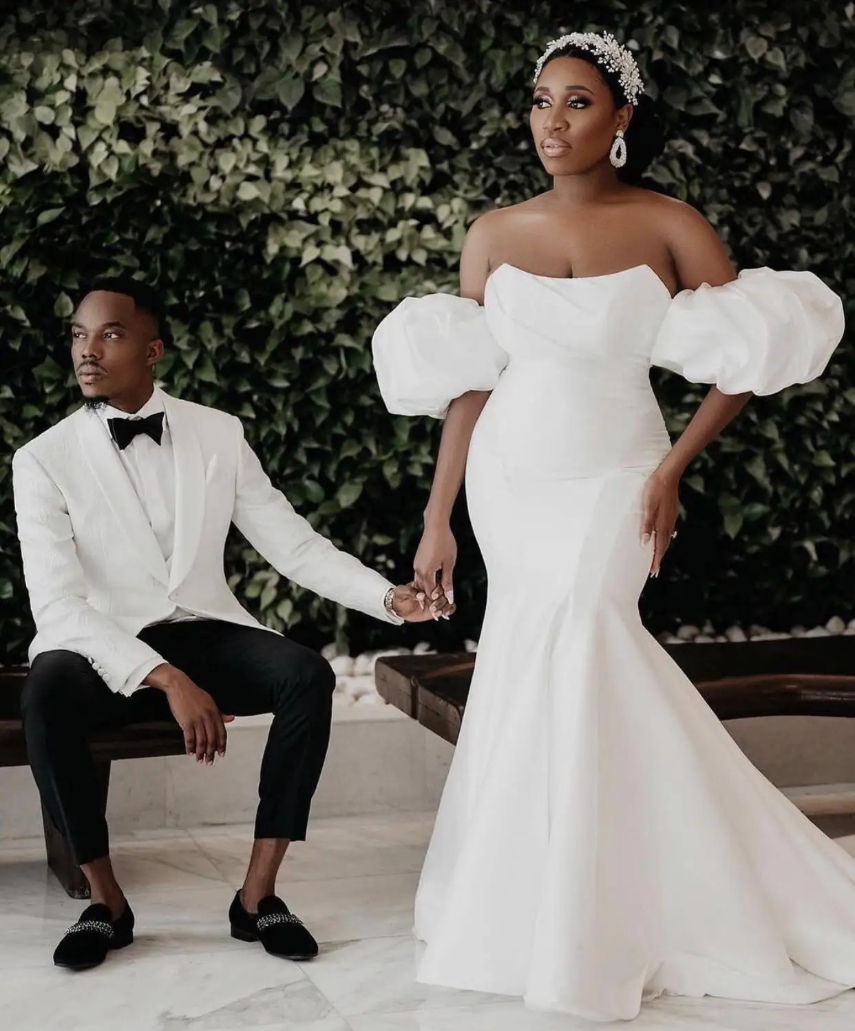 Mermaid Wedding Dress Garden Puff Sleeves 2022 Court Train Strapless White Satin For African Brides Black Love Prewedding Gown