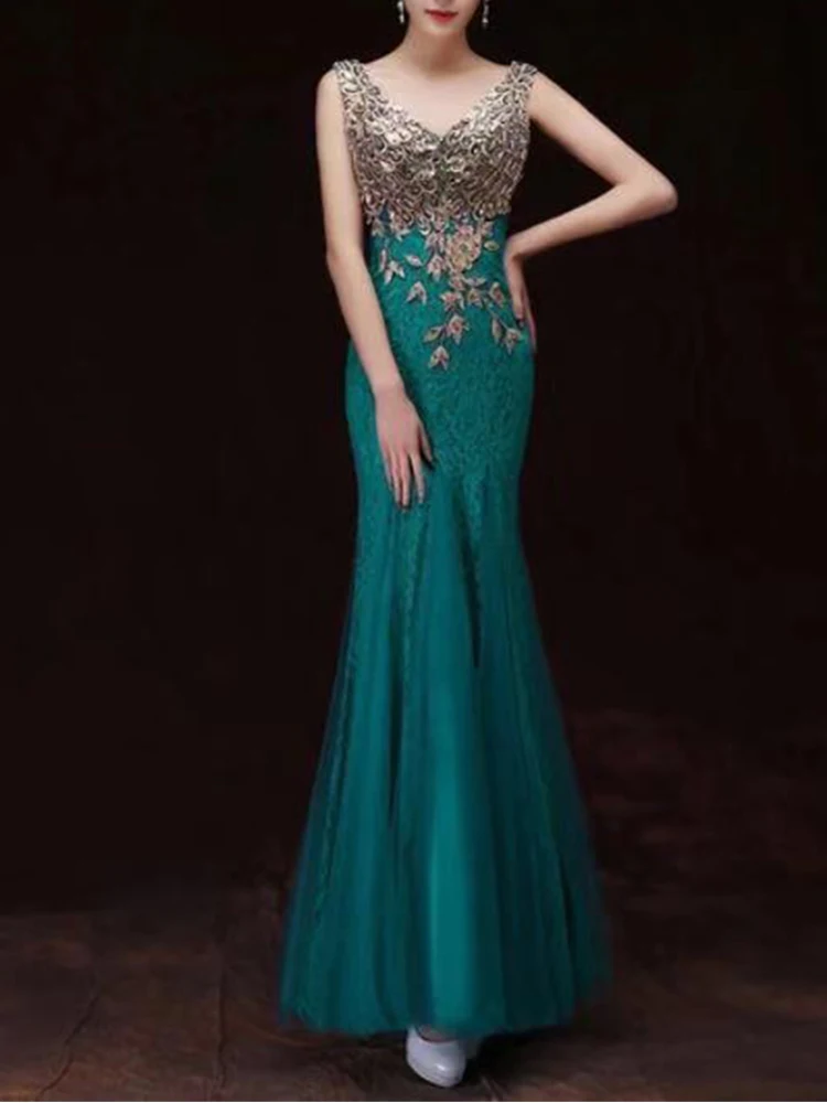 Lace Evening Dress Mermaid Sleeveless Tulle Formal Dress Double V-neck Robe De Soriee Floor-length Party Prom Gown Elegant Women