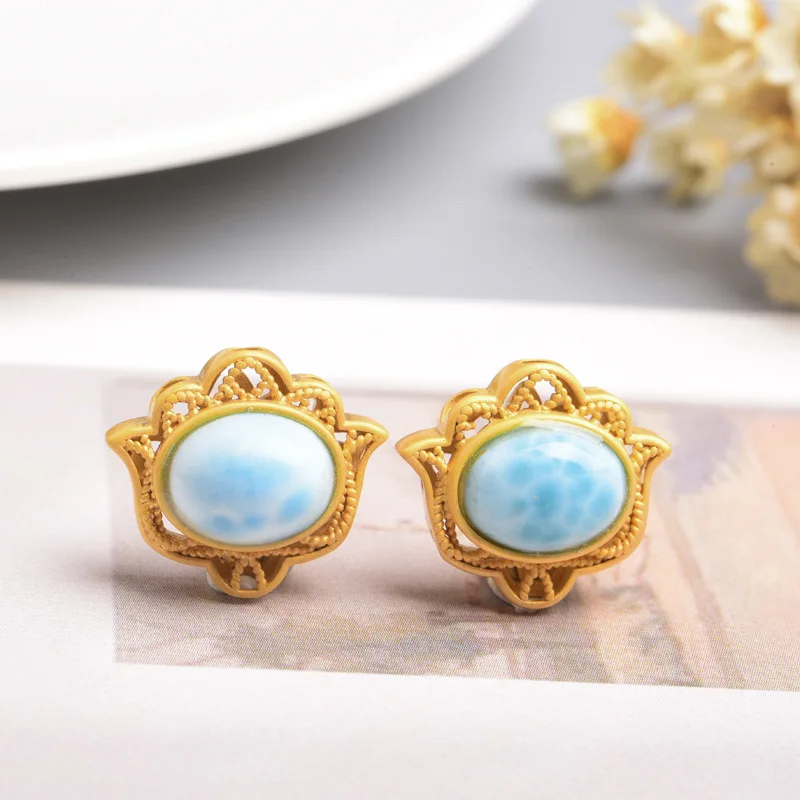 ZHEN-D Perhiasan Kualitas Tinggi Alami Larimar Perak Sepuh Emas Bentuk Lotus Mini Konektor Spacer Bead DIY Liontin Kalung Hadiah