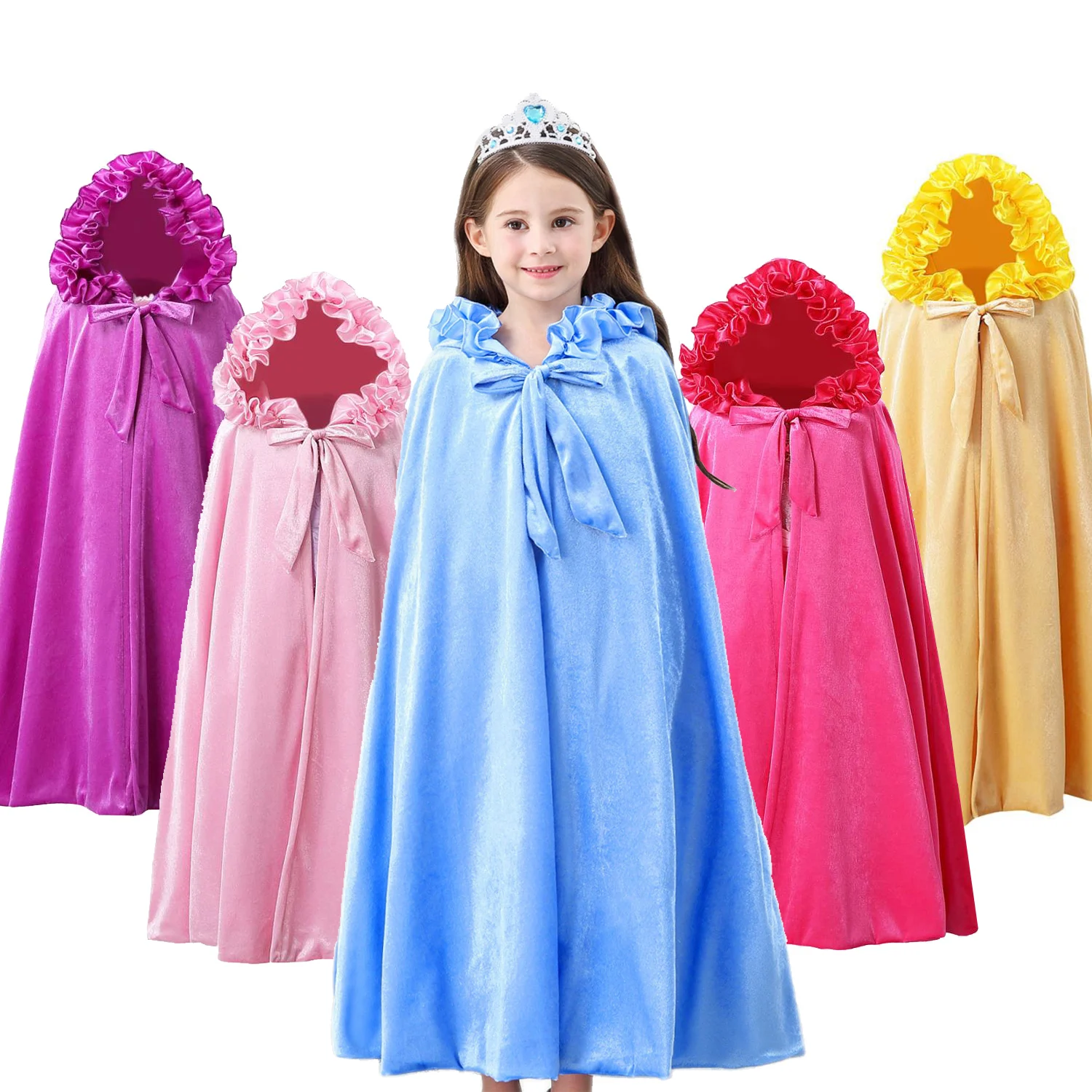 

Children Fancy Halloween Cosplay Costumes Princess Cloak Stage Performance Hooded Wizard Shawl Girls Pink Blue Velvet Warm Cape