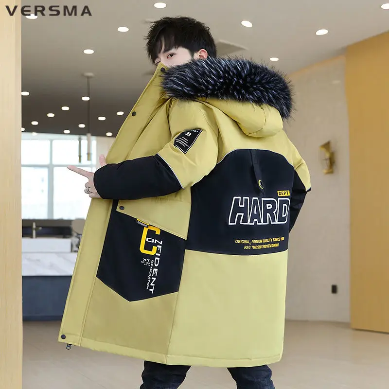 

VERSMA Japanese Casual Letter Print Hooded Waterproof Parka Women Cotton Long Boys Mens Winter Parka With Fur Hood Dropshipping