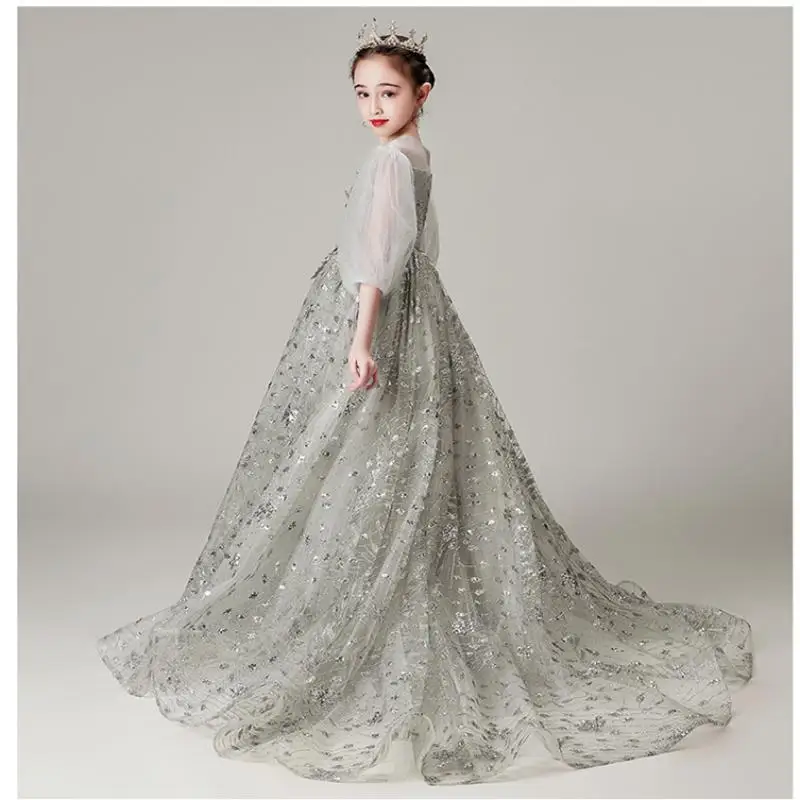 Fancy Flower Girl Prom Dress Kids Wedding Tulle Sequin Ball Gown Children Birthday Party Long Dresses Teenager Evening Vestidos