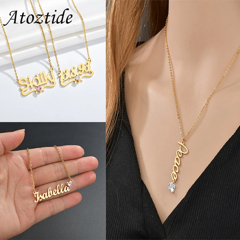 Atoztide Custom Personalized Birthday Stone Necklaces Stainless Steel Name Gold Color Necklace Jewelry Chain Pendant for Women