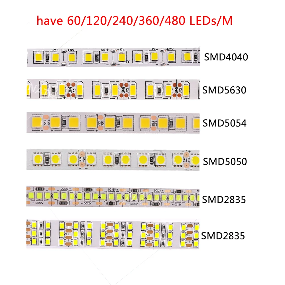 Led strip smd 2835, 5054, 5050, 5630, 12v, ultra brilho, flexível, 60, 120leds/m, não-impermeável, diodo, 5m