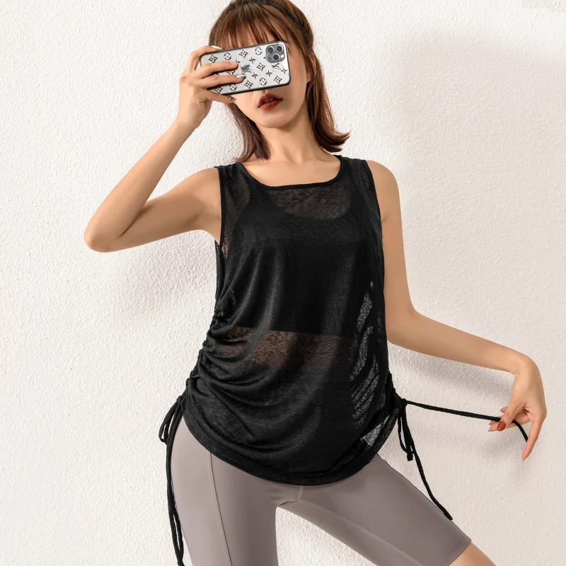 Kadınlar Yoga gömlek gevşek ince See-through spor yelek hızlı kuru kolsuz T-shirt spor Fitness koşu tankı üstleri İpli bluz