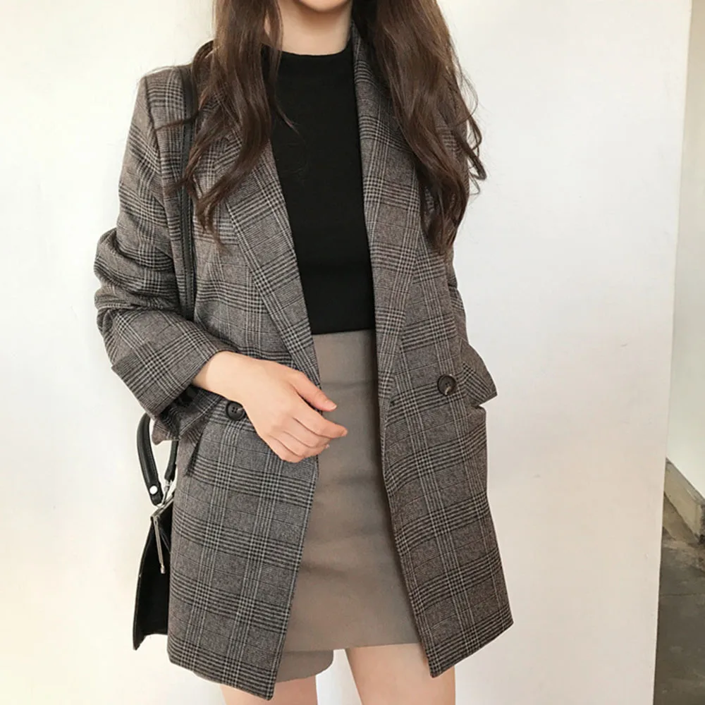 2023 Spring Winter Korean Style Loose Retro Women's Blazers Plaid Double Breasted Pockets Formal Jackets Checkered Outerwear Top