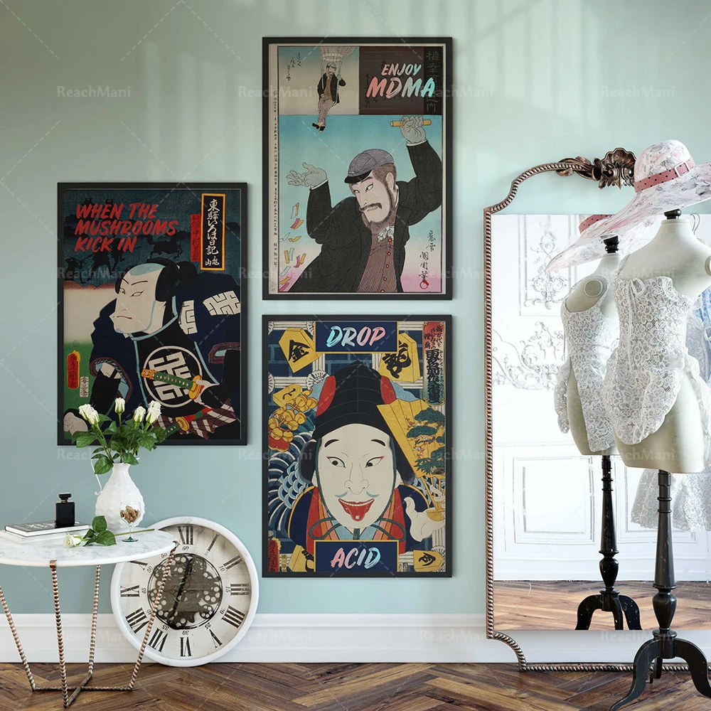 Japanese samurai prints, normal performance of bodyguards, Japanese magic mushrooms, Asian home decoration art Edo era poster