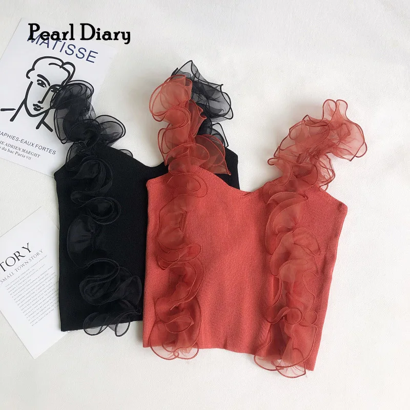 Pearl Diary Sexy Almighty Collocation V-Neck Woman Clothing Knitted Joint Organza Sleeveless Chic Short Crop Top Women