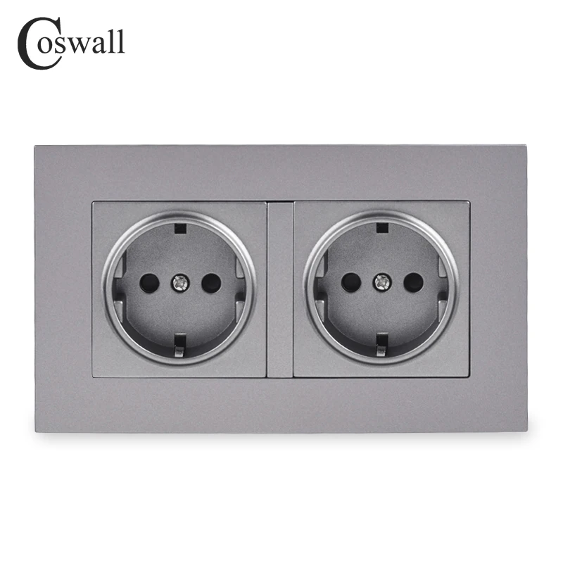 COSWALL Simple Style PC Panel 16A EU Standard Wall Power Double Socket Grounded With Children Protective Lock 146*86mm