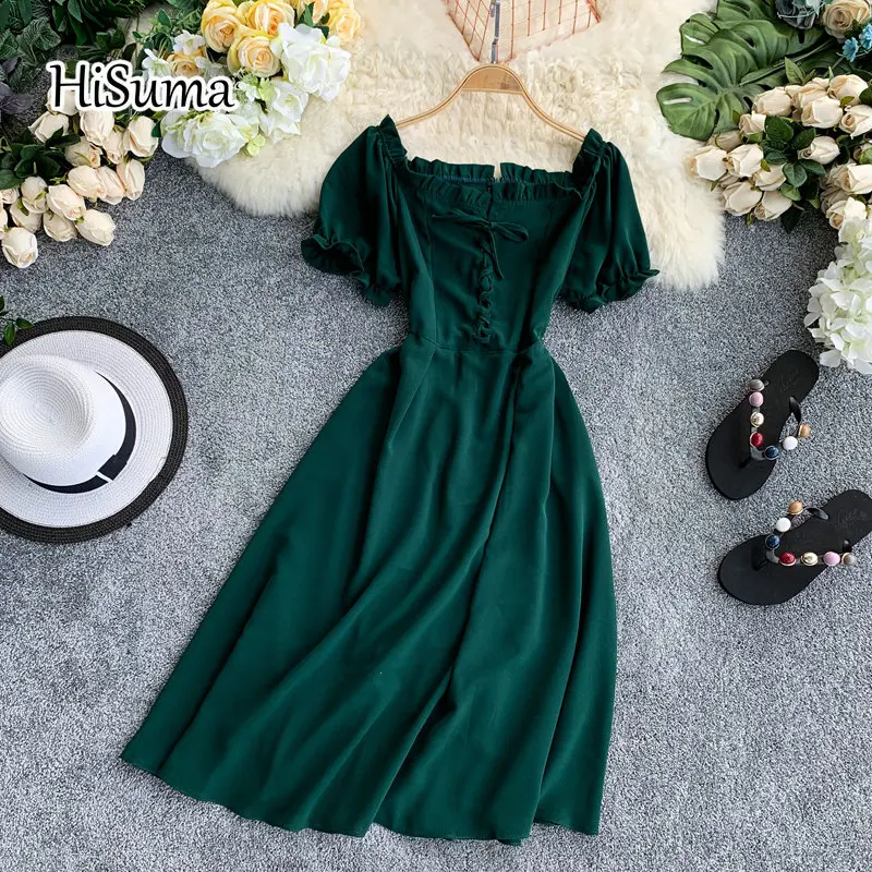 

HISUMA summer new female chic slash neck bubble sleeve ruffles lace-up chiffon dress women's elegant puff sleeve A-line dresses