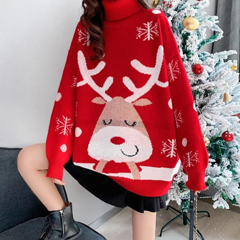 2022 New Year Christmas Clothing Women\'s Autumn Winter Turtleneck Sweater Fashion Red Plus Size Dresses T Shirt For Women Casual