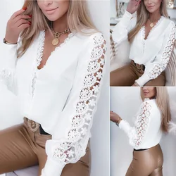 Elegant Fashion Hollow Out Lace Shirts Women's Clothing 2023 Autumn Winter New Office Ladie V-Neck Lantern Sleeve White Blouses