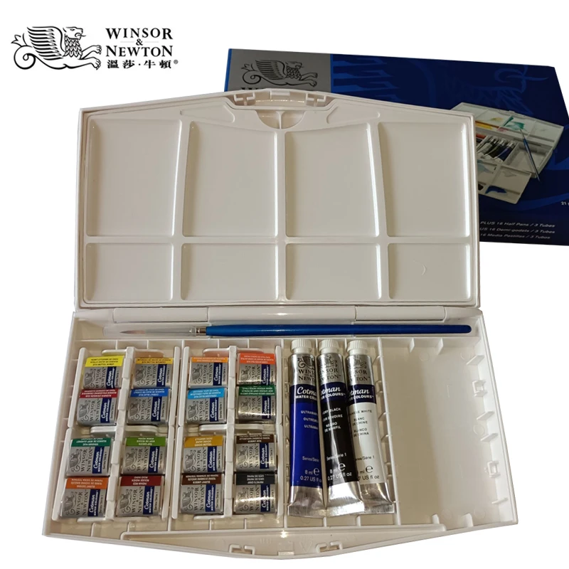 Winsor&Newton Акварельный пигмент Акварельные краски 16 цветов Твердые полукастрюли + 3 тюбика + 1 кисть для рисования