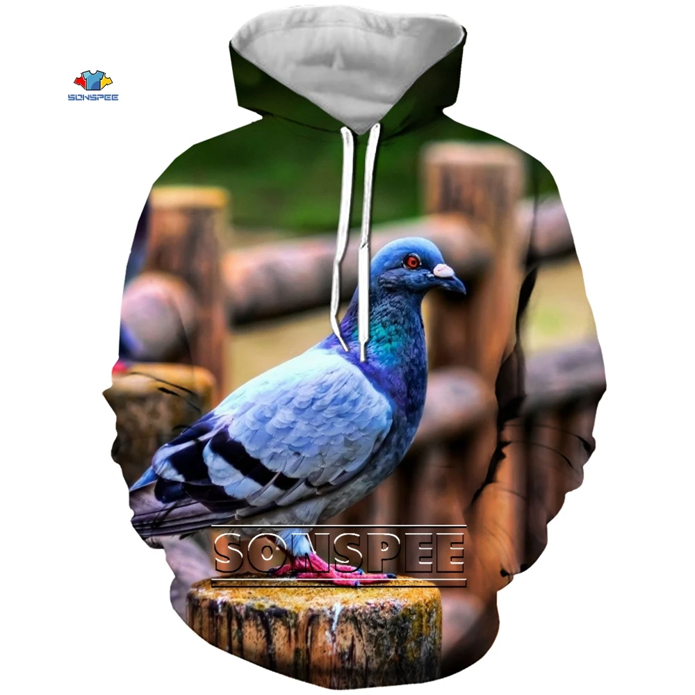 SONSPEE Men's 3D Print Hoodie Animal Bird Pigeon Printing Autum Long Sleeve Pullover Tops Hoodies Sweatshirt Hip Hop Harajuku