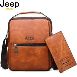 JEEP BULUO Men Leather Shoulder Bag 2 piece set Handbags Business Casual Messenger Bag Crossbody Male Tote Bags High Quality