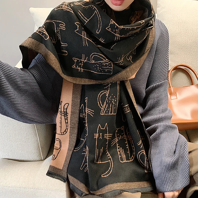 2023 Lovely Cat Shawls And Wraps Print Cashmere Scarf Women Thick Hijab Blanket Ladies Pashmina Echarpe Bufanda Neckerchief