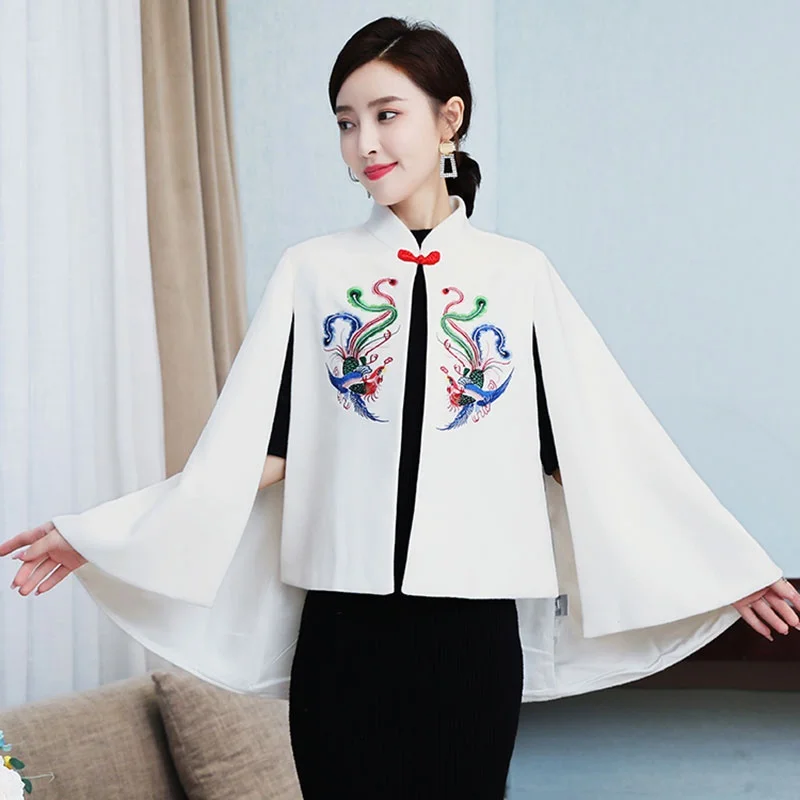 Chinese Style Clothing Women Cloak Cheongsam Cape Shawl Mandarin Collar Elegant White Embroidery Slit White Chinese Cloak 11880