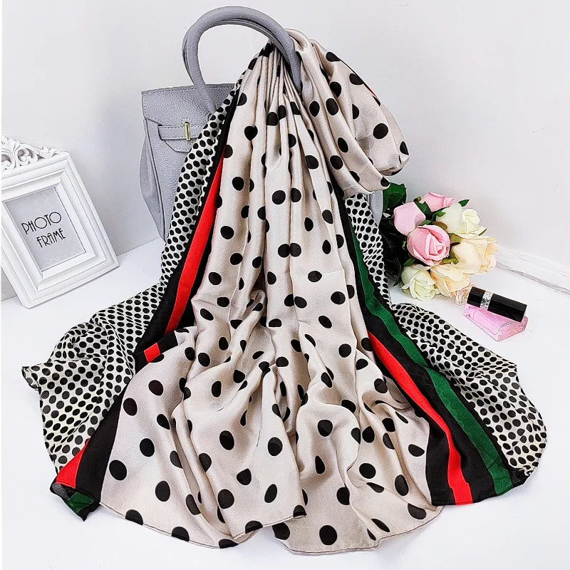 

2021 New Female Dustproof Beach Towel Luxury 180X90CM Silk Scarves Popular Dot Print Handkerchief Fashion Summer Sunscreen Shawl