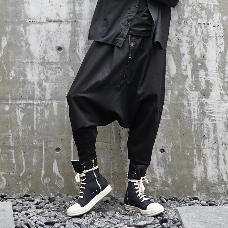Men Singer Hair Stylist New Hip-Hop Street Hanging Crotch Spliced Single Breasted Fashion Men's Casual Pants Design