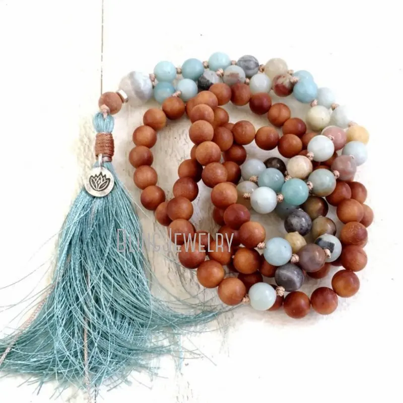 MN21277 Mala Beads Sandalwood Knotted Necklace Lotus Charm 108   Silk Tassel Amazonite Meditation  