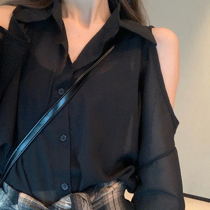 Shirts Women Hollow Out Solid Summer 2021 New Fashion Chic Casual Trendy Turn-down Collar See-through Cozy Stylish Ulzzang Ins